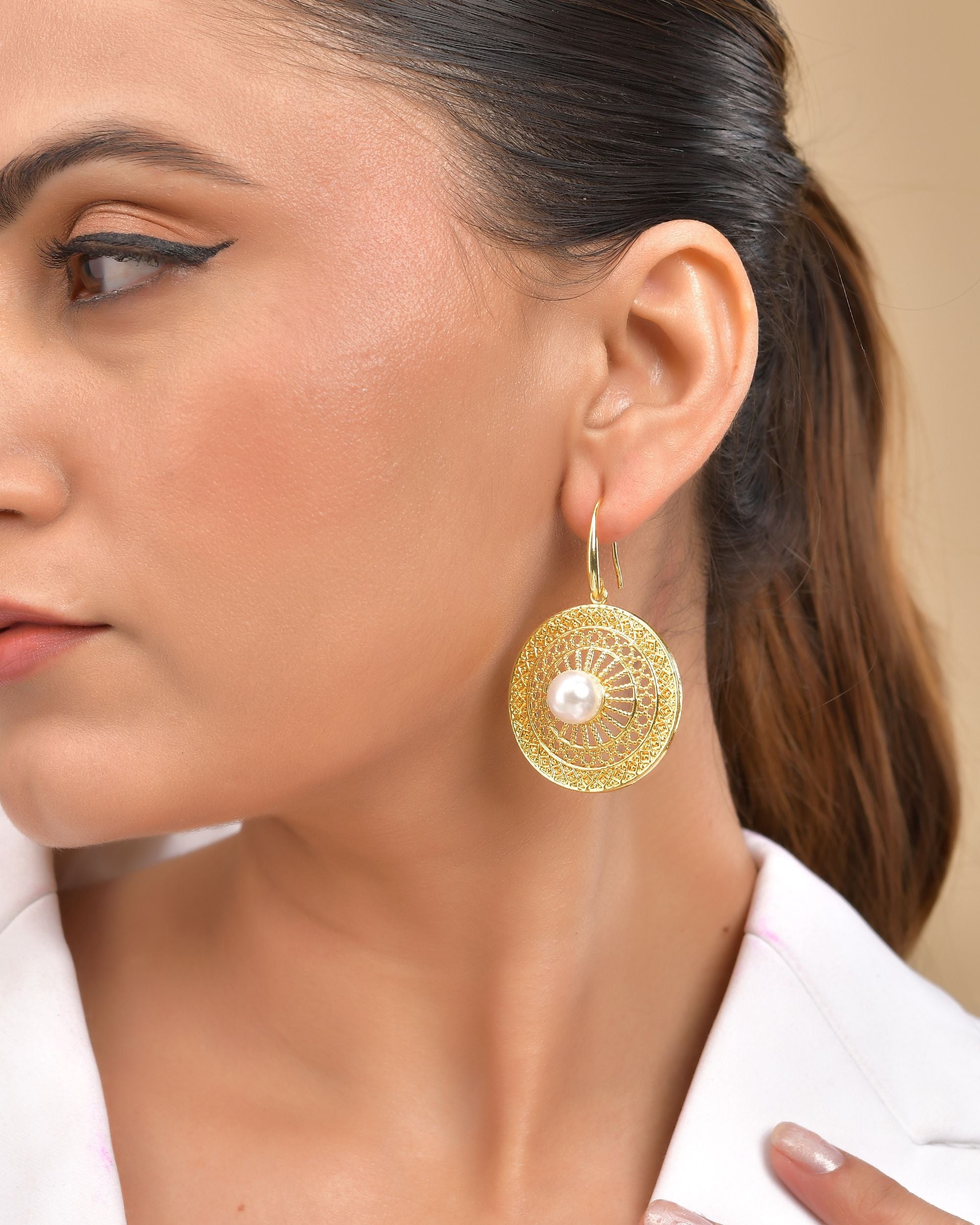 VOJ Gold Polished Anti Tarnish Circular Shaped Drop Earrings - Distacart