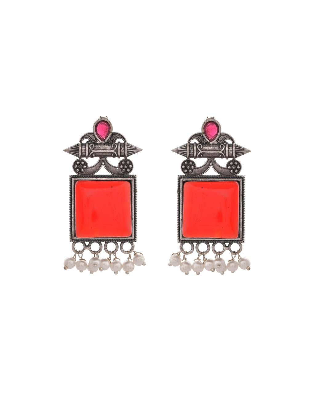 VOJ Silver Plated Oxidized Red Stone Studded Earrings - Distacart