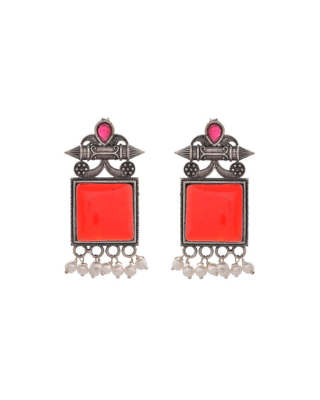 VOJ Silver Plated Oxidized Red Stone Studded Earrings