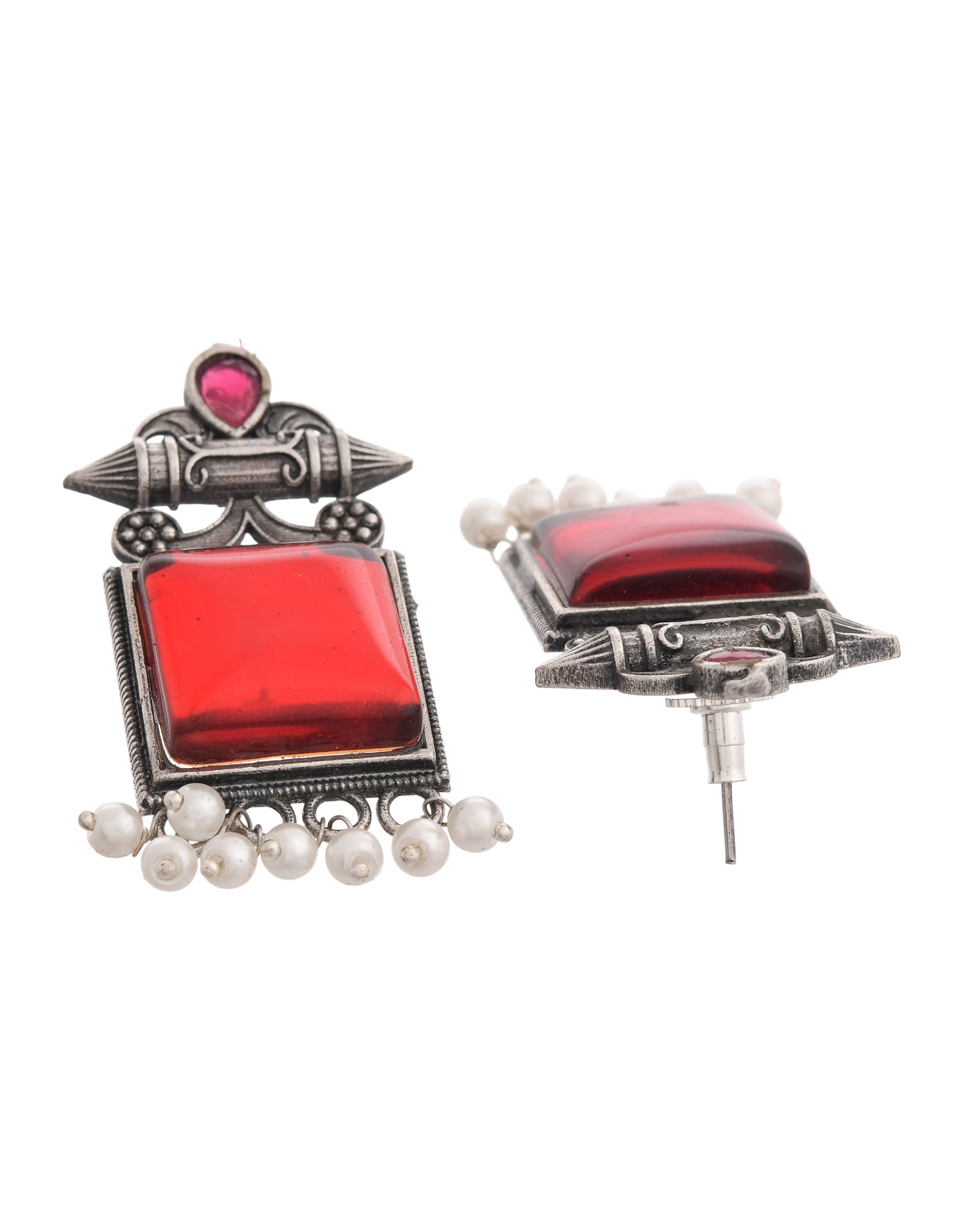 VOJ Silver Plated Oxidized Red Stone Studded Earrings - Distacart