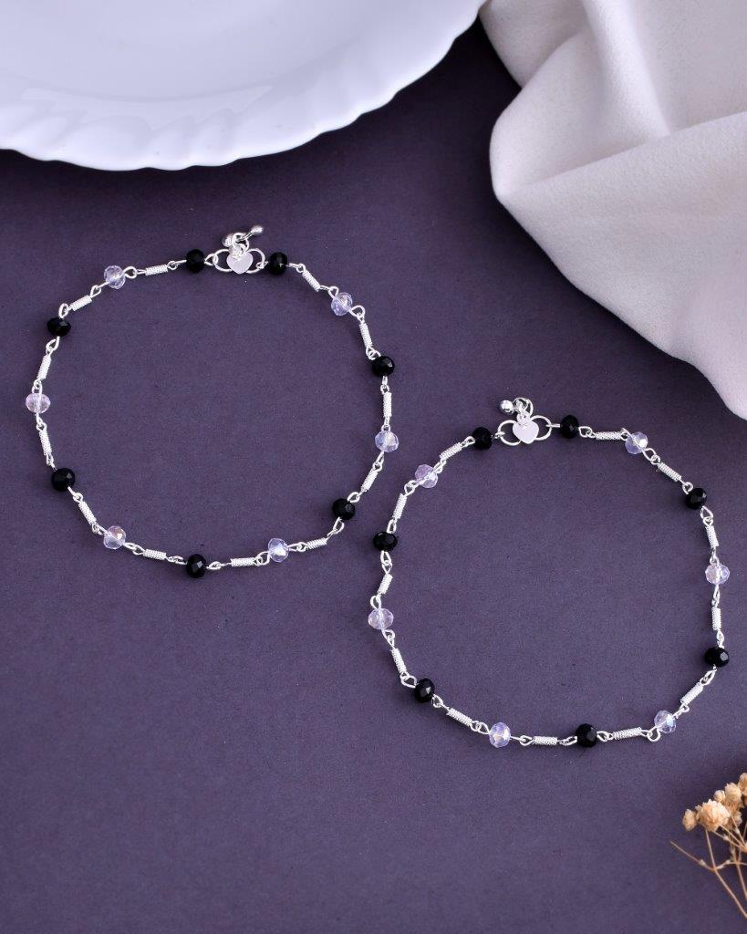 VOJ Set of 2 Silver Plated Black & White Beads Anklets - Distacart