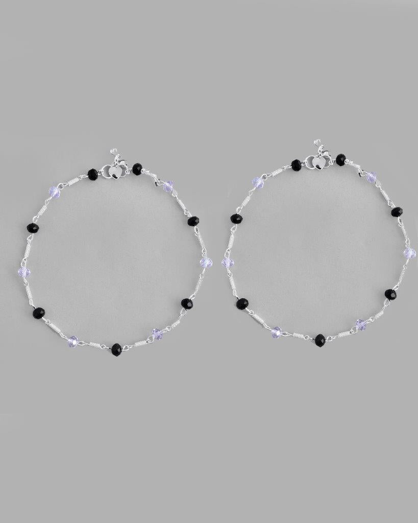 VOJ Set of 2 Silver Plated Black & White Beads Anklets - Distacart