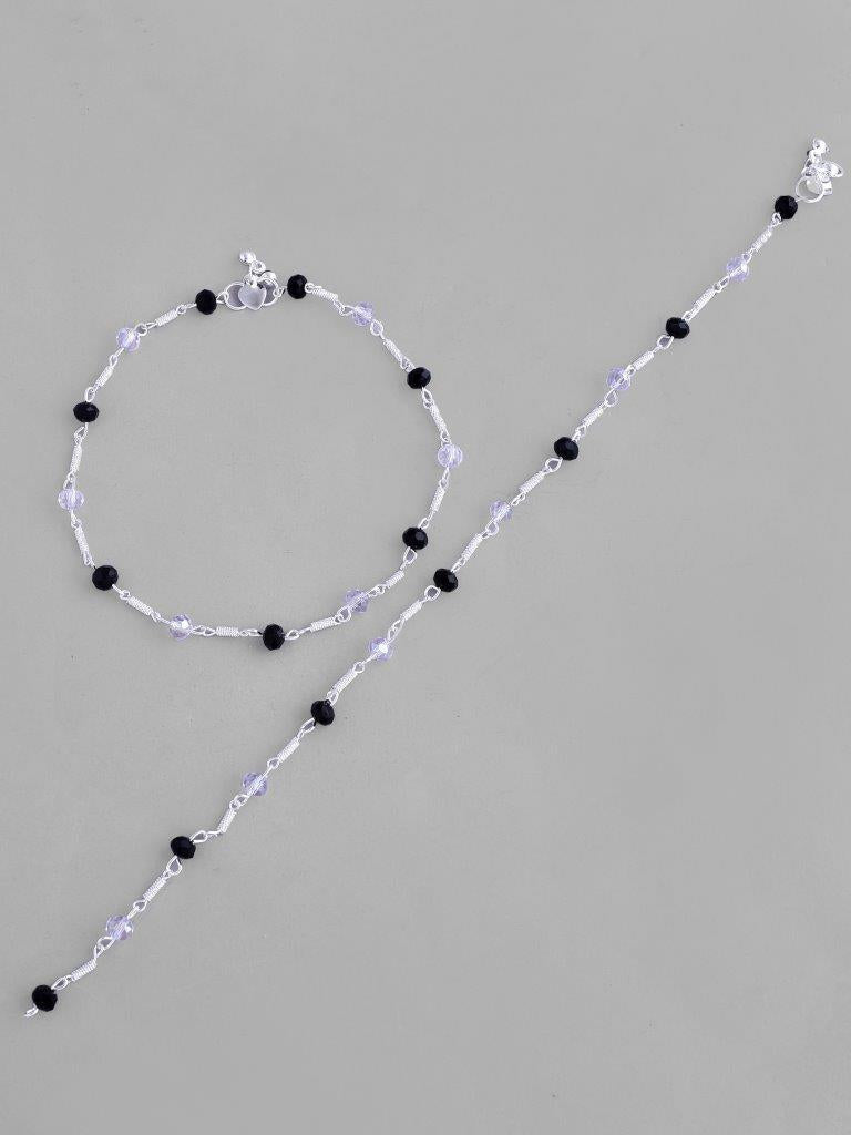 VOJ Set of 2 Silver Plated Black & White Beads Anklets - Distacart