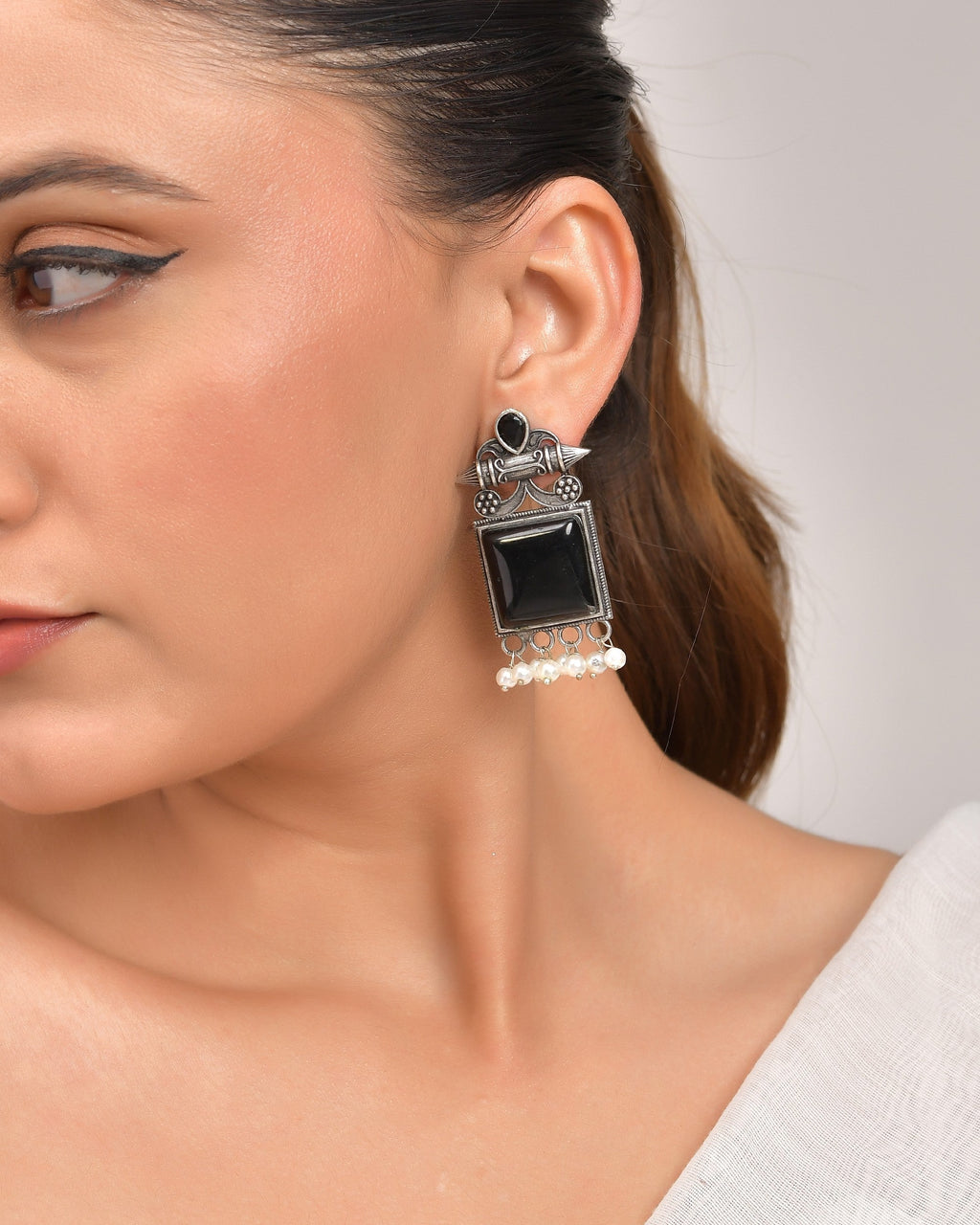 VOJ Silver Plated Oxidized Black Stone Studded Earrings - Distacart