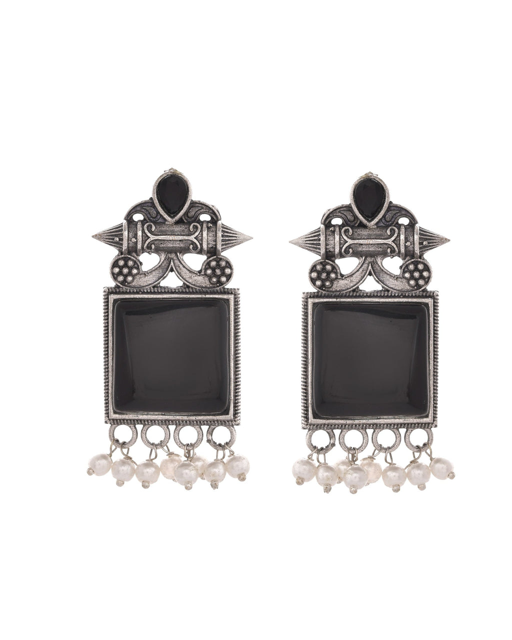 VOJ Silver Plated Oxidized Black Stone Studded Earrings - Distacart