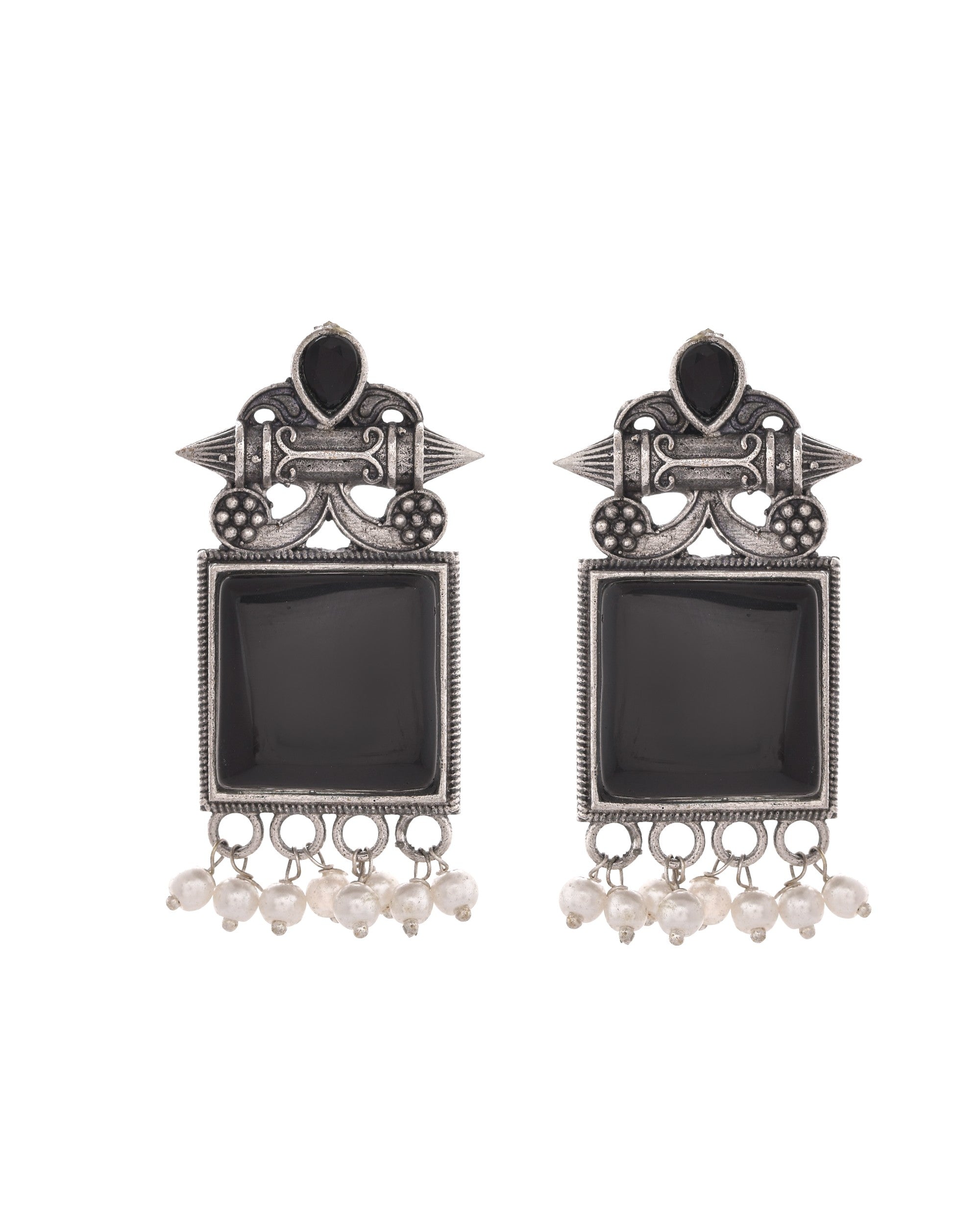 VOJ Silver Plated Oxidized Black Stone Studded Earrings - Distacart