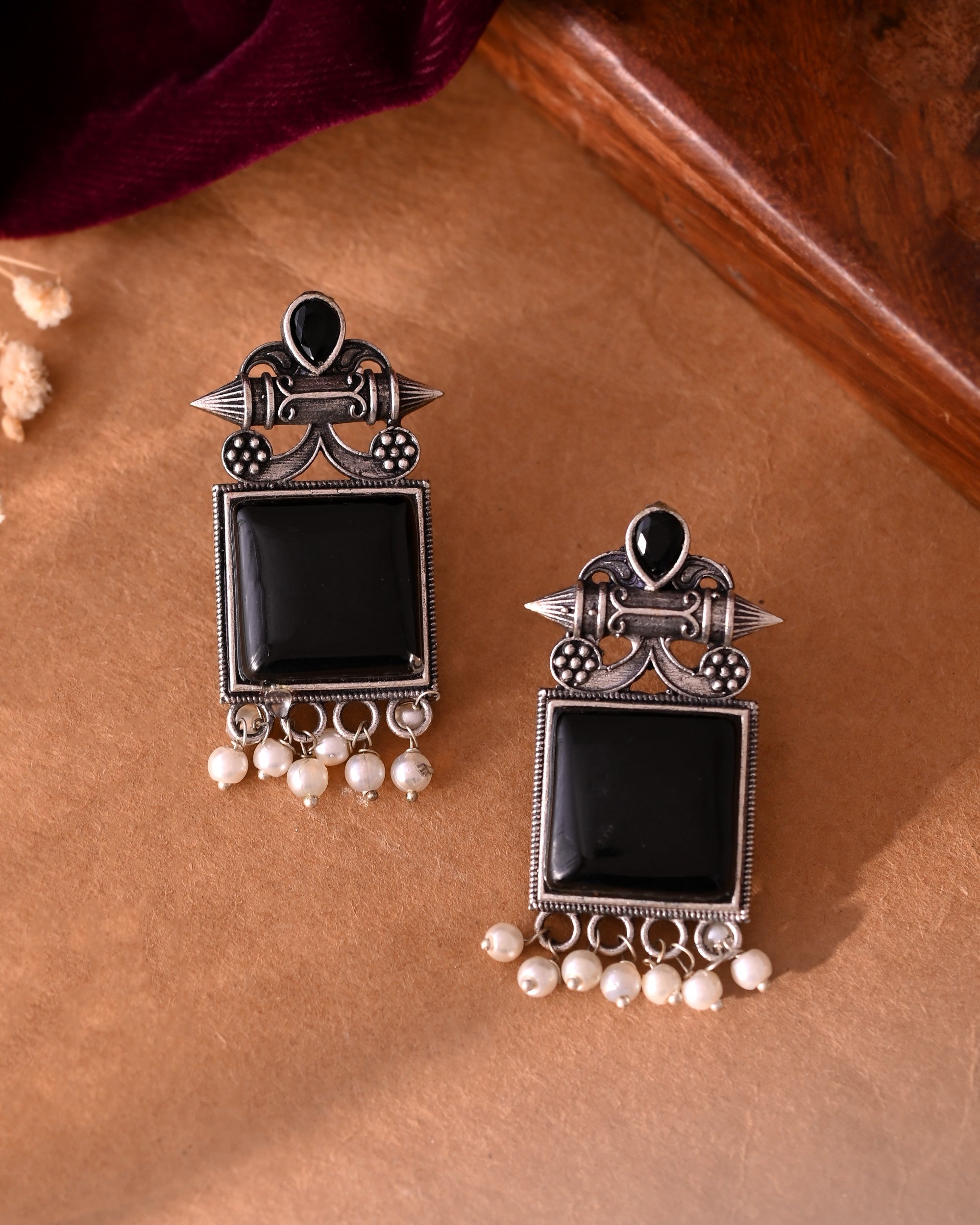 VOJ Silver Plated Oxidized Black Stone Studded Earrings - Distacart