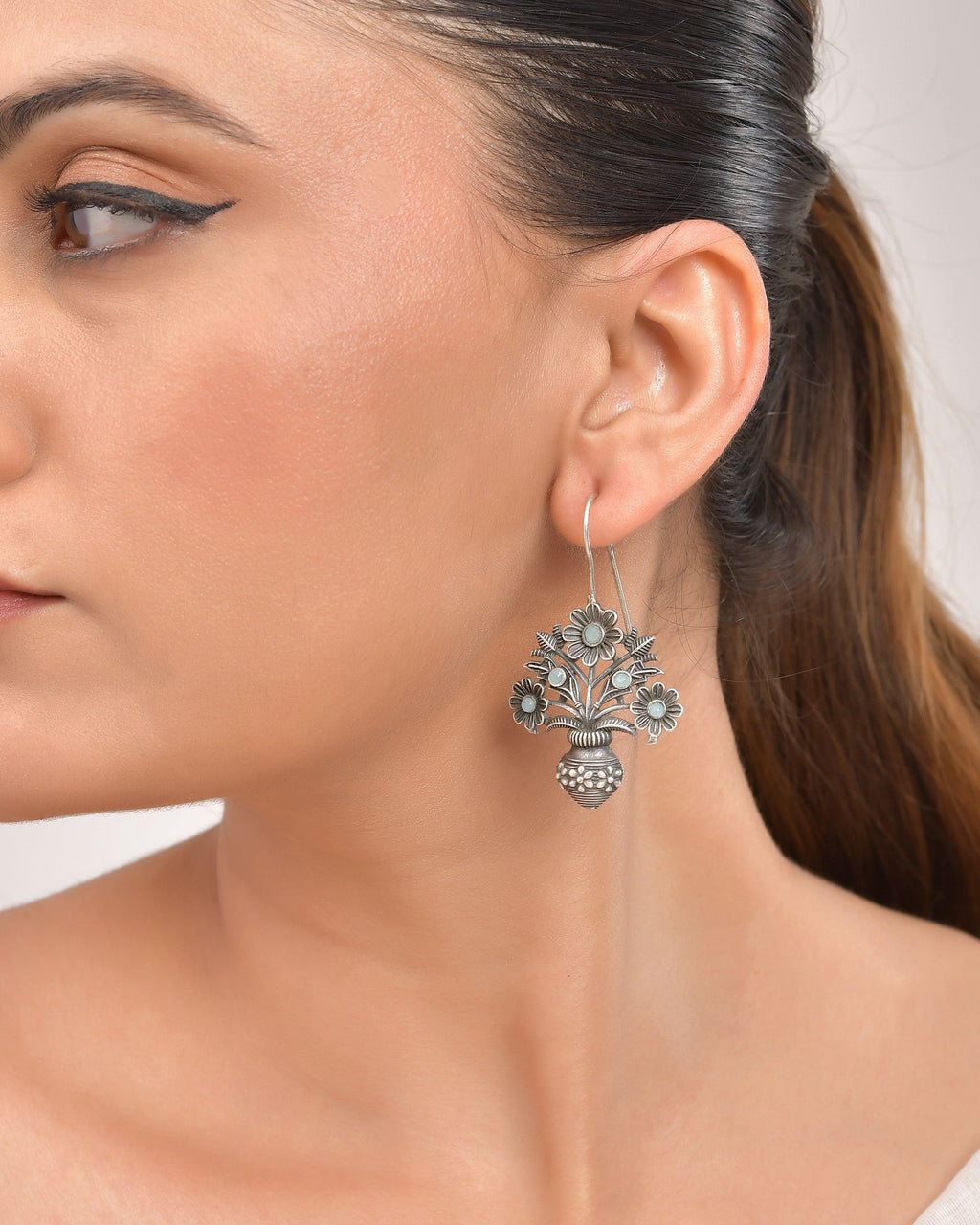 VOJ Silver Plated Floral Shaped Oxidized Drop Earrings - Distacart