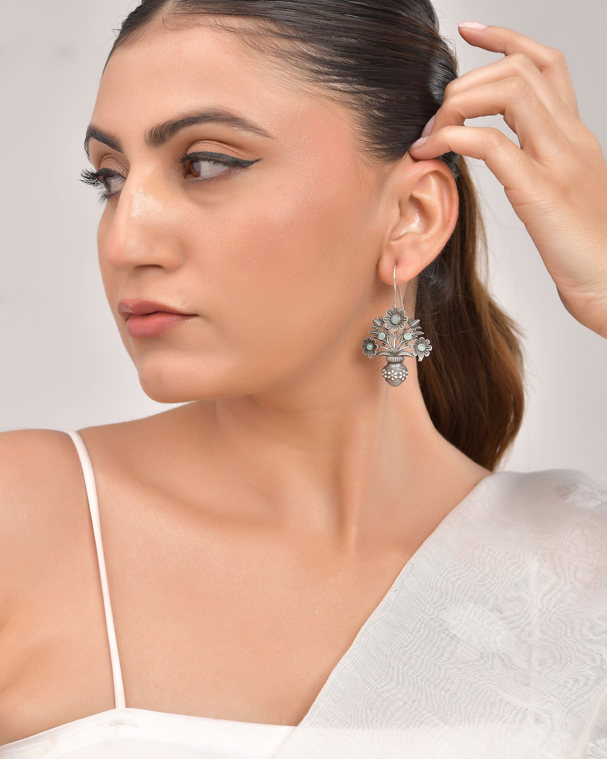 VOJ Silver Plated Floral Shaped Oxidized Drop Earrings - Distacart