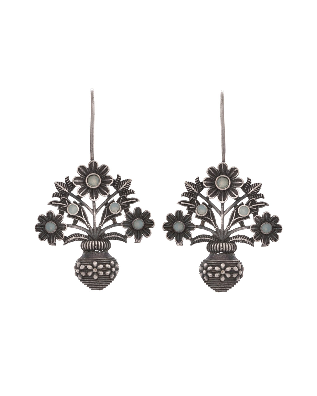 VOJ Silver Plated Floral Shaped Oxidized Drop Earrings - Distacart