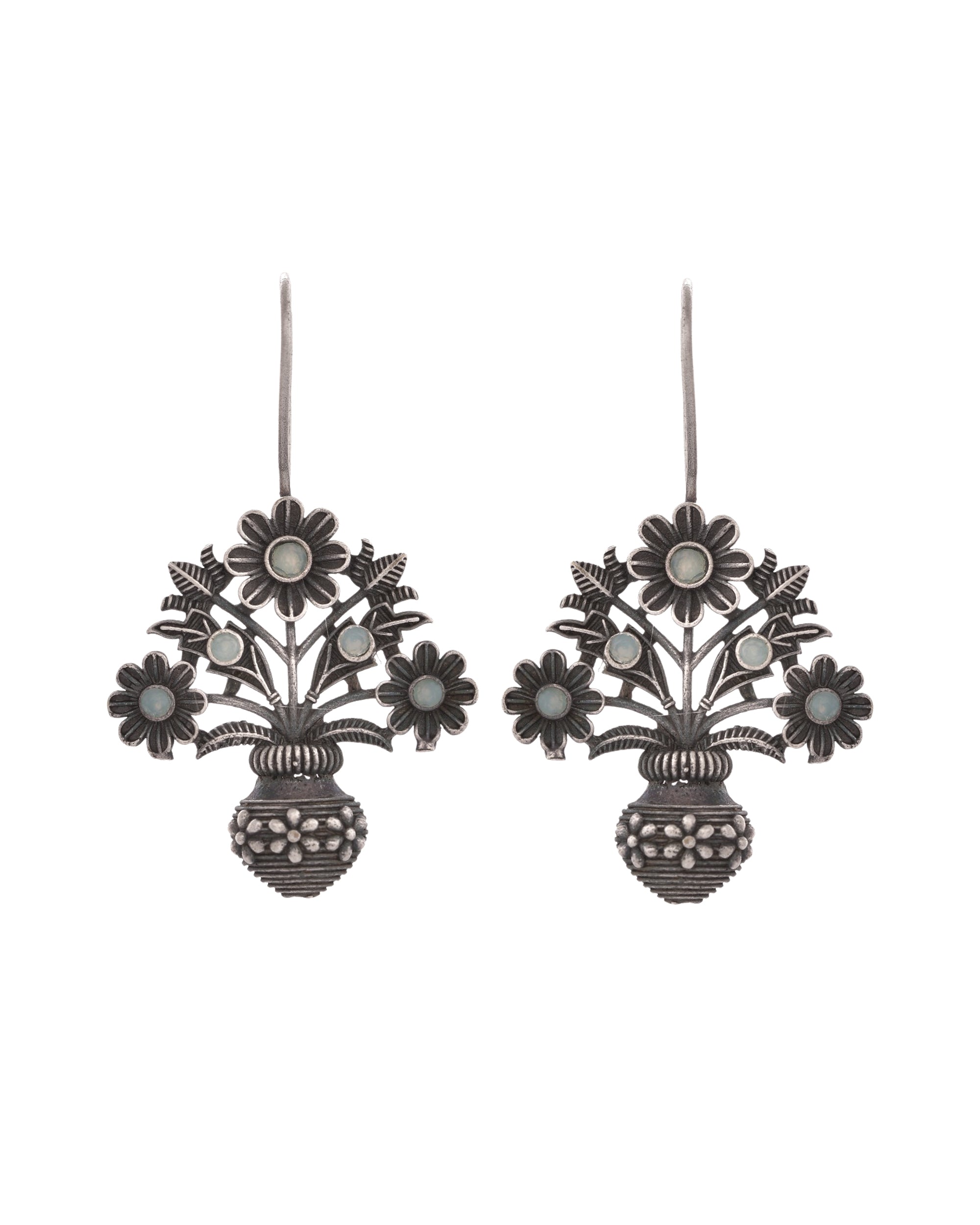 VOJ Silver Plated Floral Shaped Oxidized Drop Earrings - Distacart