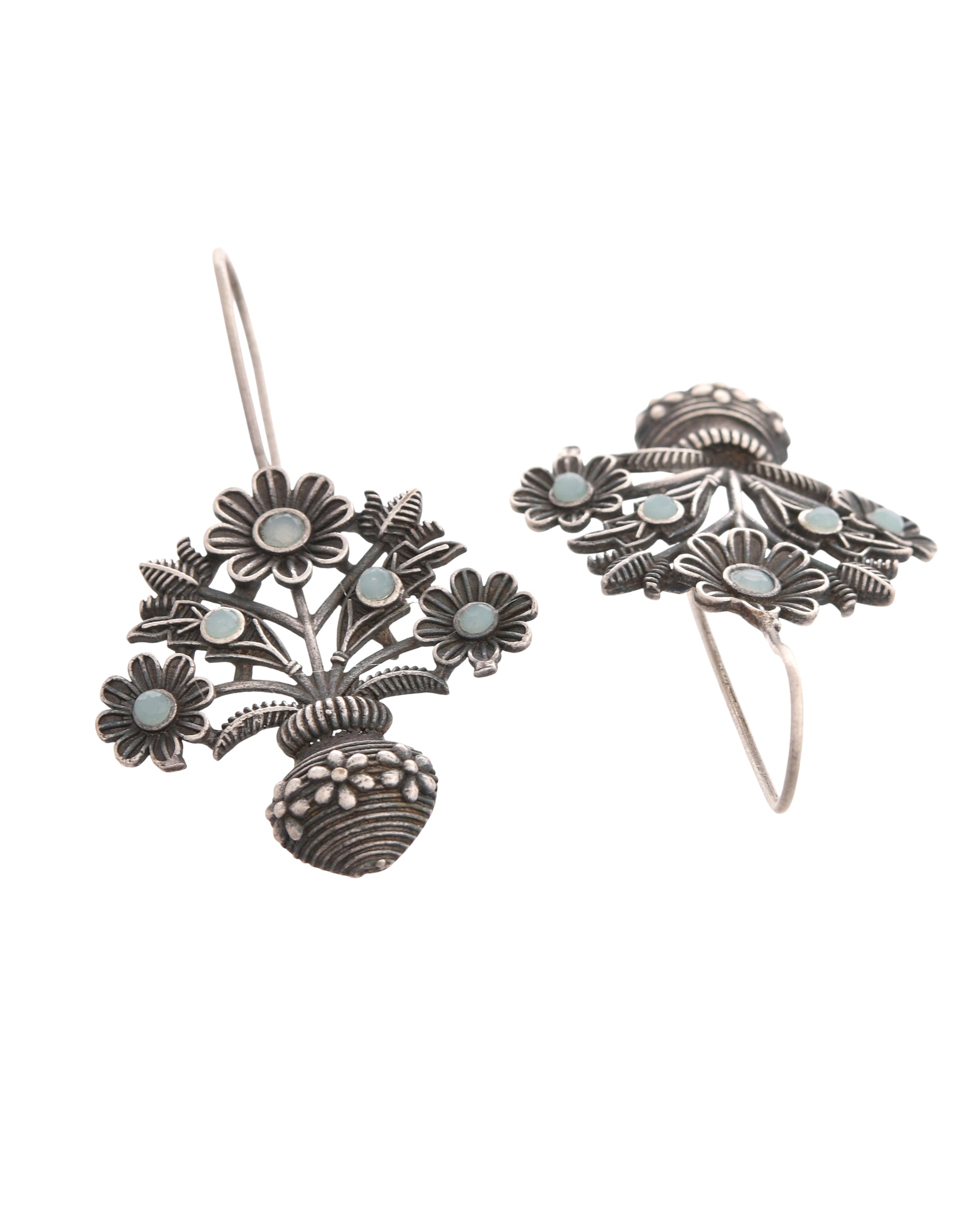 VOJ Silver Plated Floral Shaped Oxidized Drop Earrings - Distacart
