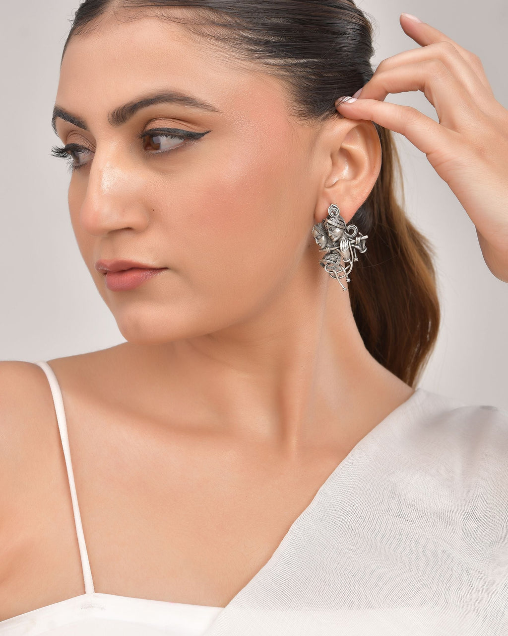 VOJ Silver Plated Oxidized Kanha Shaped Earrings - Distacart