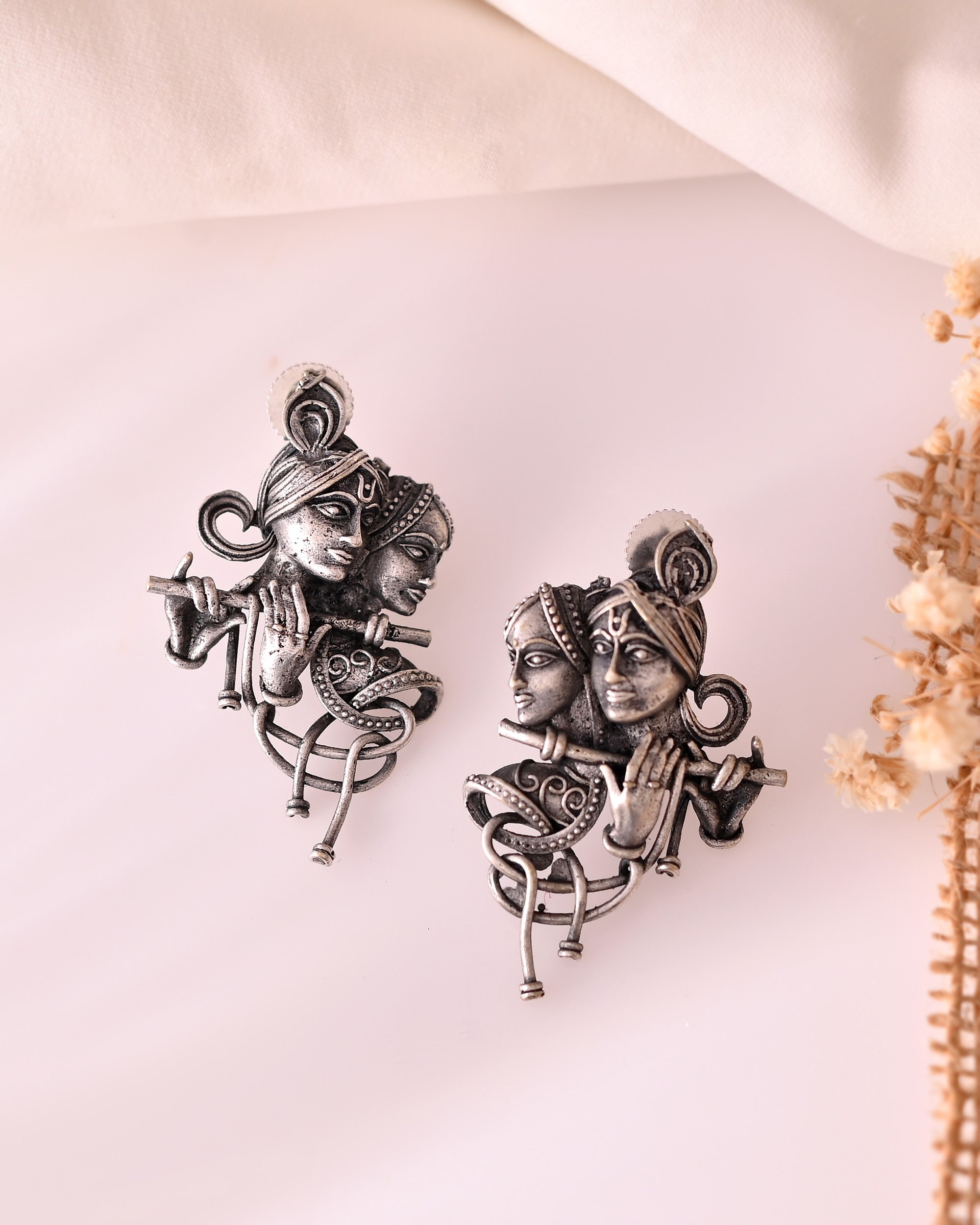 VOJ Silver Plated Oxidized Kanha Shaped Earrings - Distacart