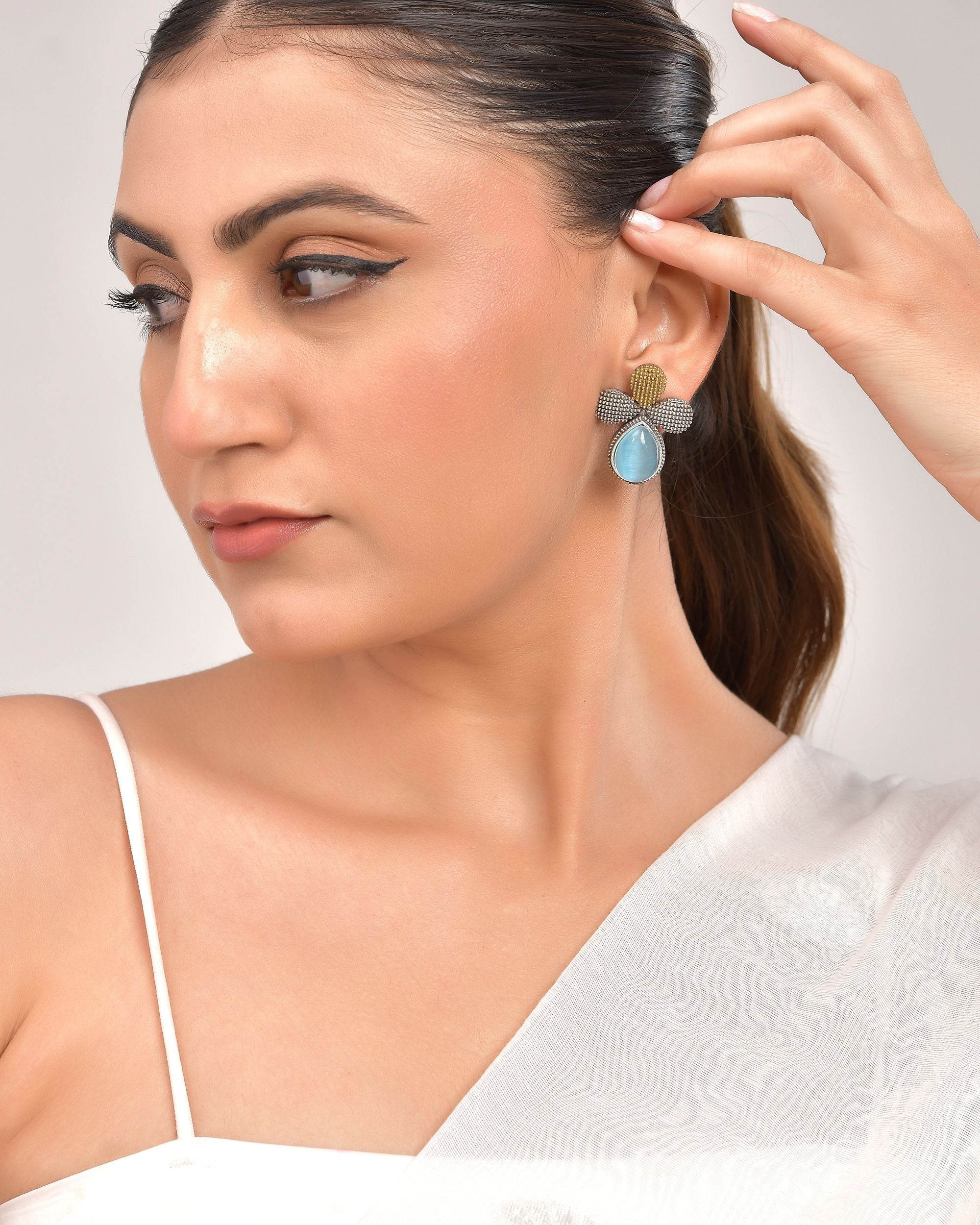 VOJ Silver Toned Blue Stone Studded Elegant Earrings - Distacart