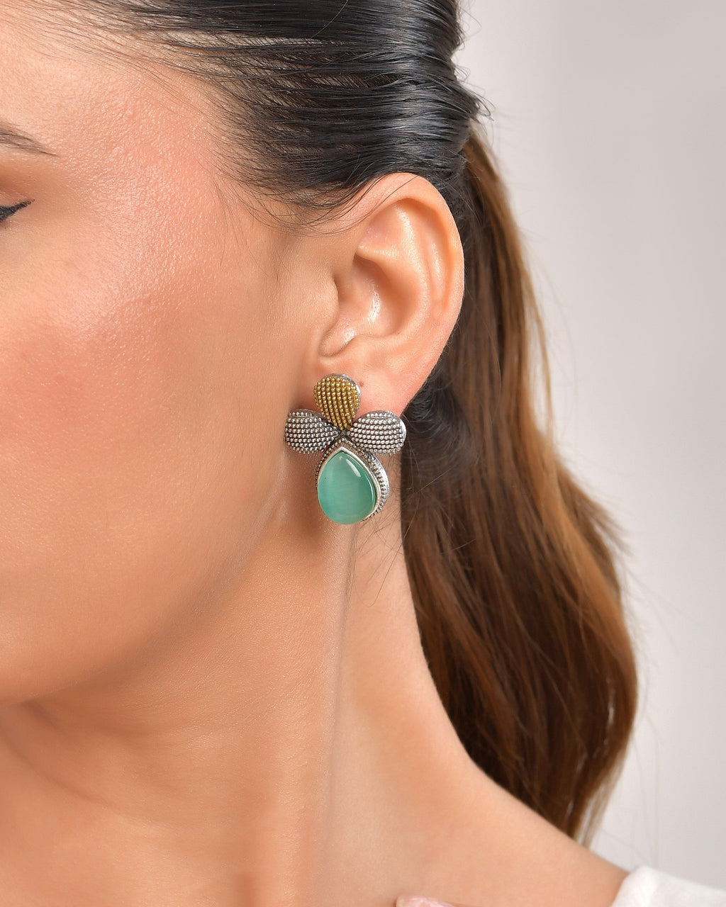 VOJ Silver Toned Teal Stone Studded Elegant Earrings - Distacart