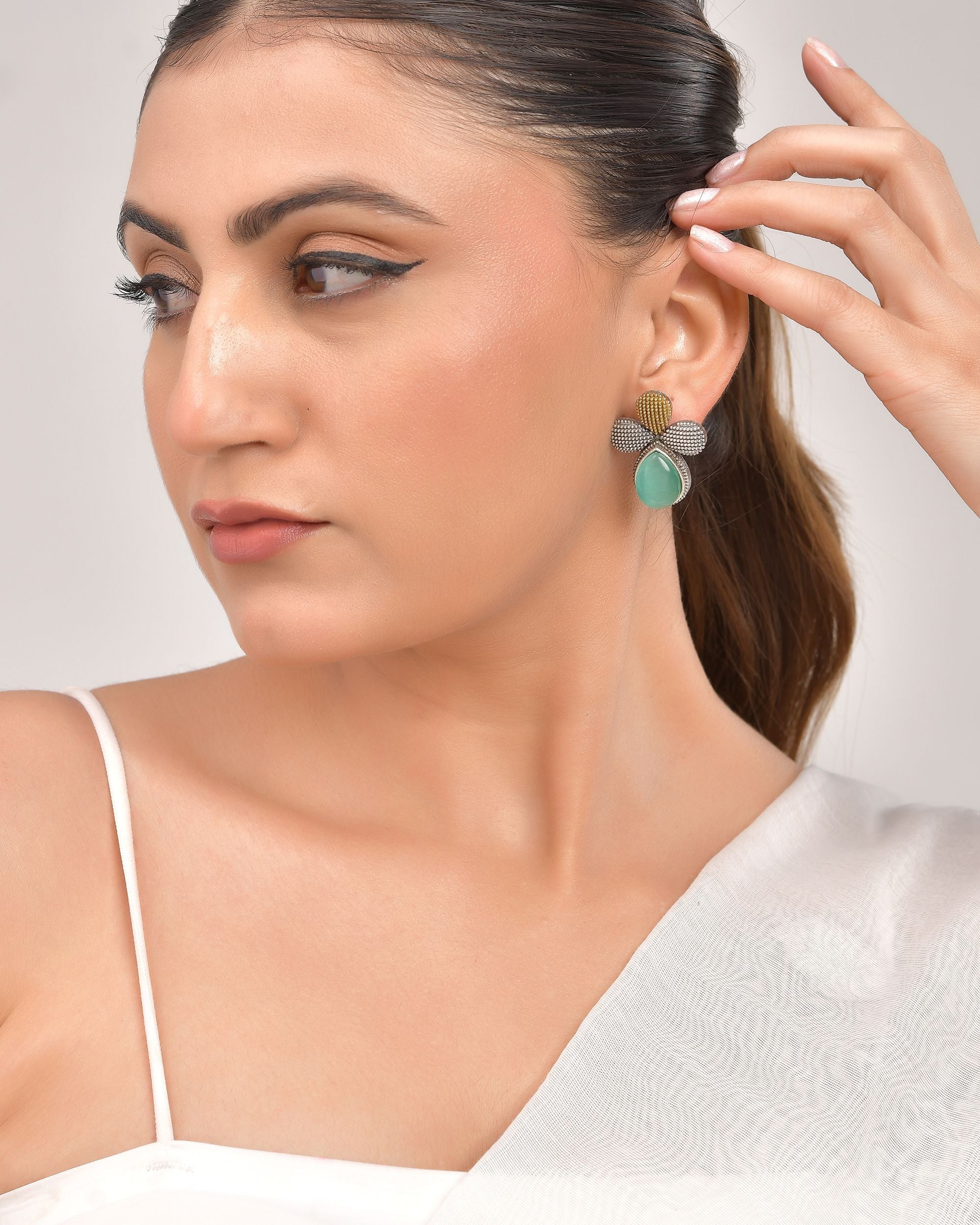 VOJ Silver Toned Teal Stone Studded Elegant Earrings - Distacart