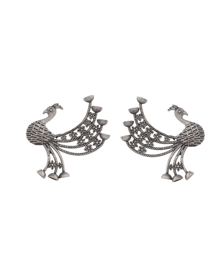 VOJ Silver Plated Dancing Peacock Shaped Studs Earrings