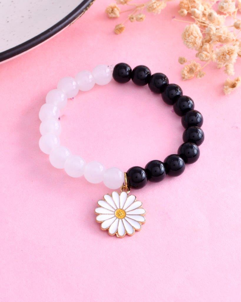 VOJ Black White Beads White Flower Elastic Bracelet - Distacart