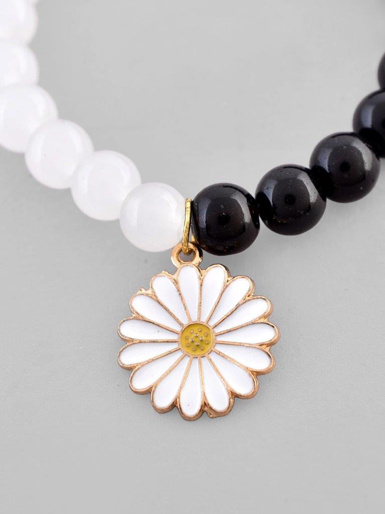 VOJ Black White Beads White Flower Elastic Bracelet - Distacart
