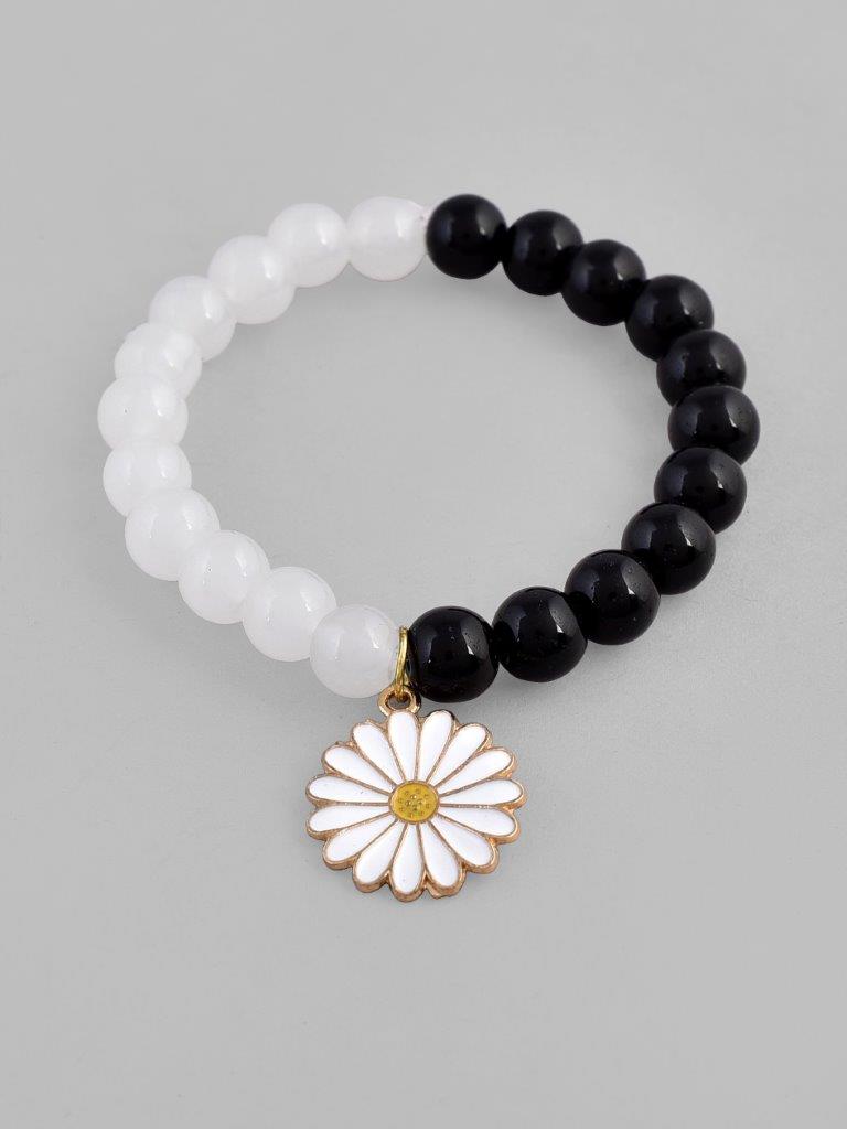 VOJ Black White Beads White Flower Elastic Bracelet - Distacart