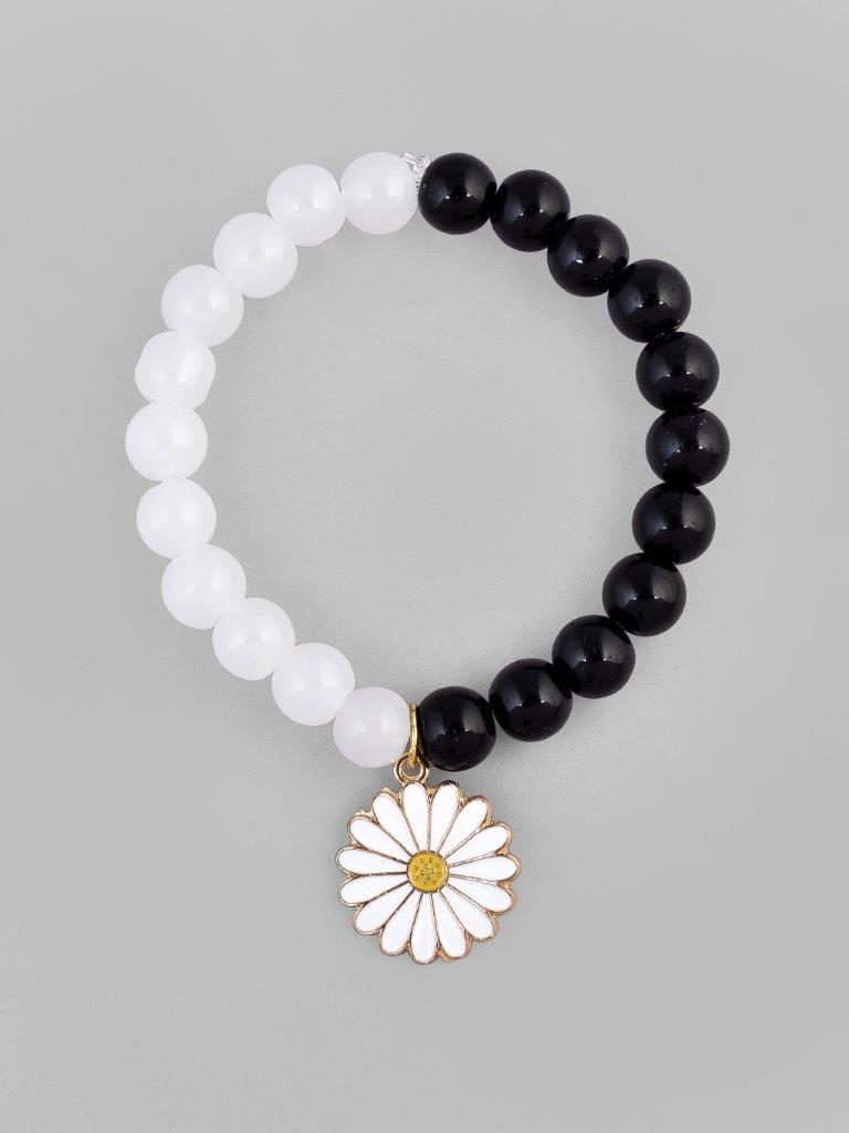 VOJ Black White Beads White Flower Elastic Bracelet - Distacart