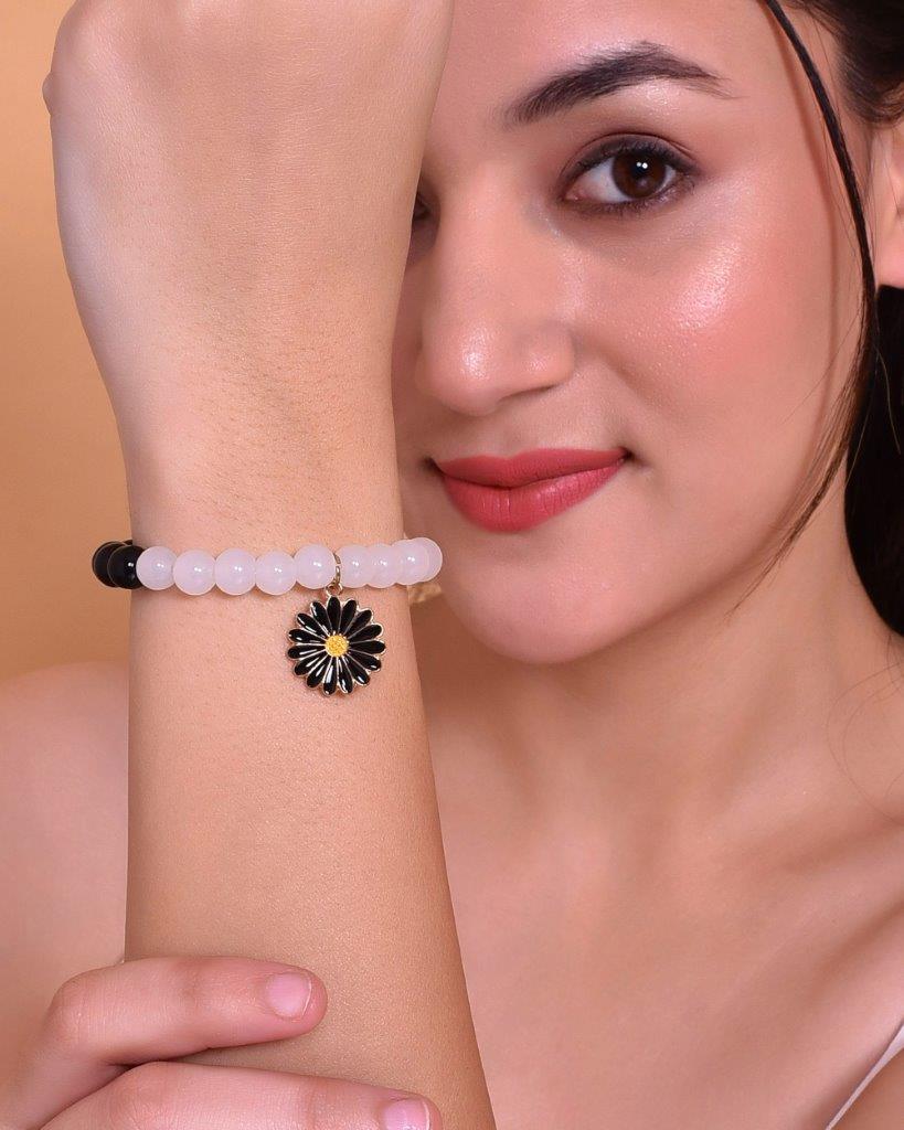 VOJ Black White Beads Black Flower Elastic Bracelet - Distacart