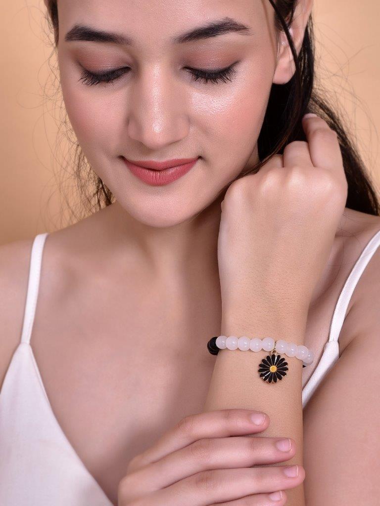 VOJ Black White Beads Black Flower Elastic Bracelet - Distacart