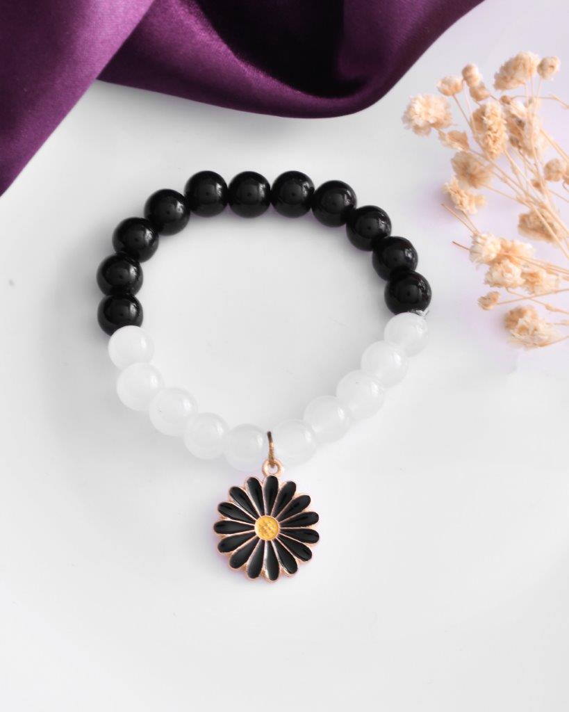 VOJ Black White Beads Black Flower Elastic Bracelet - Distacart