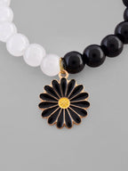 VOJ Black White Beads Black Flower Elastic Bracelet - Distacart