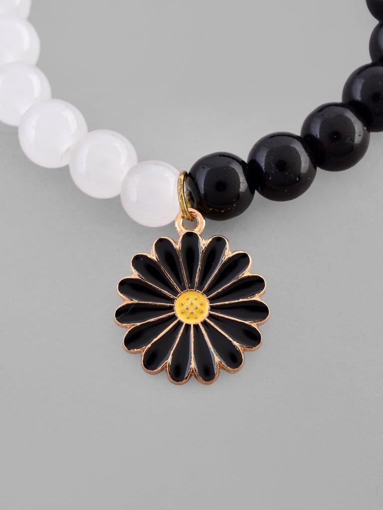 VOJ Black White Beads Black Flower Elastic Bracelet - Distacart