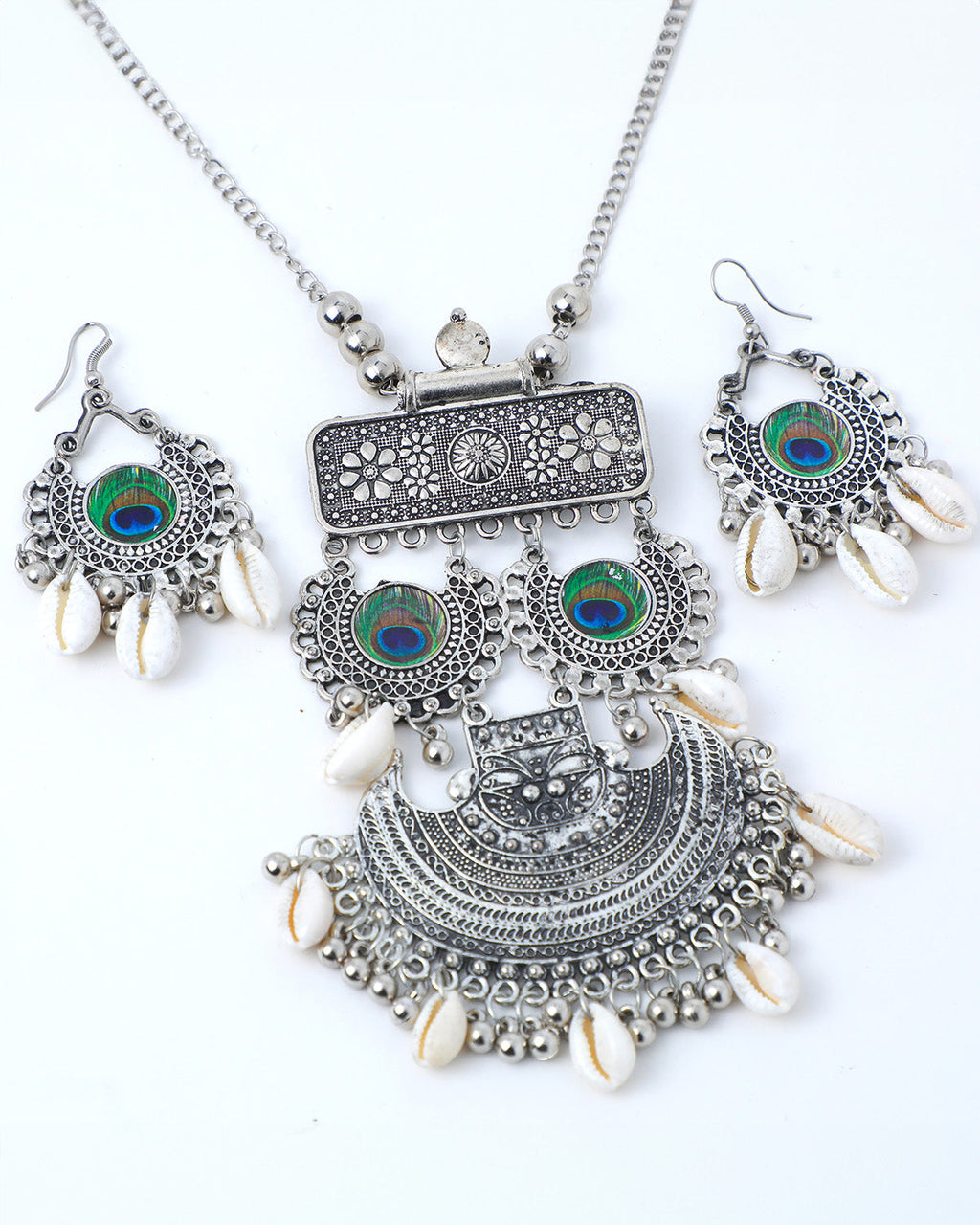 VOJ Oxidised Silver Plated Peacock Feather And Shell Jewellery Set
