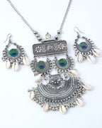 VOJ Oxidised Silver Plated Peacock Feather And Shell Jewellery Set