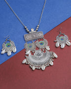 VOJ Oxidised Silver Plated Peacock Feather And Shell Jewellery Set