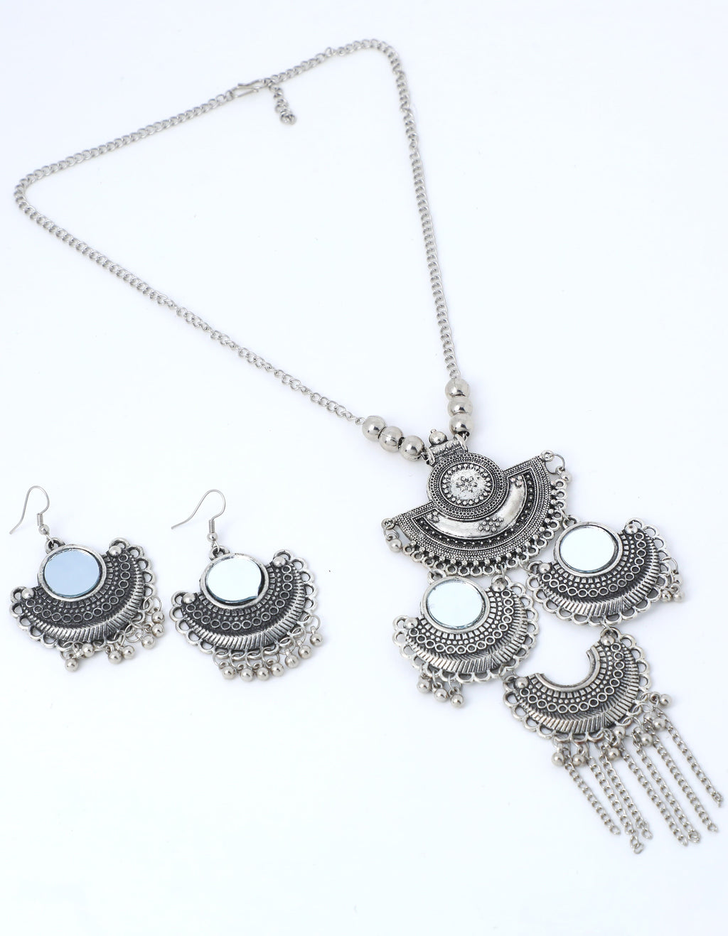 VOJ Oxidised Silver Plated Mirror And Ghungharoo Beads Jewellery Set