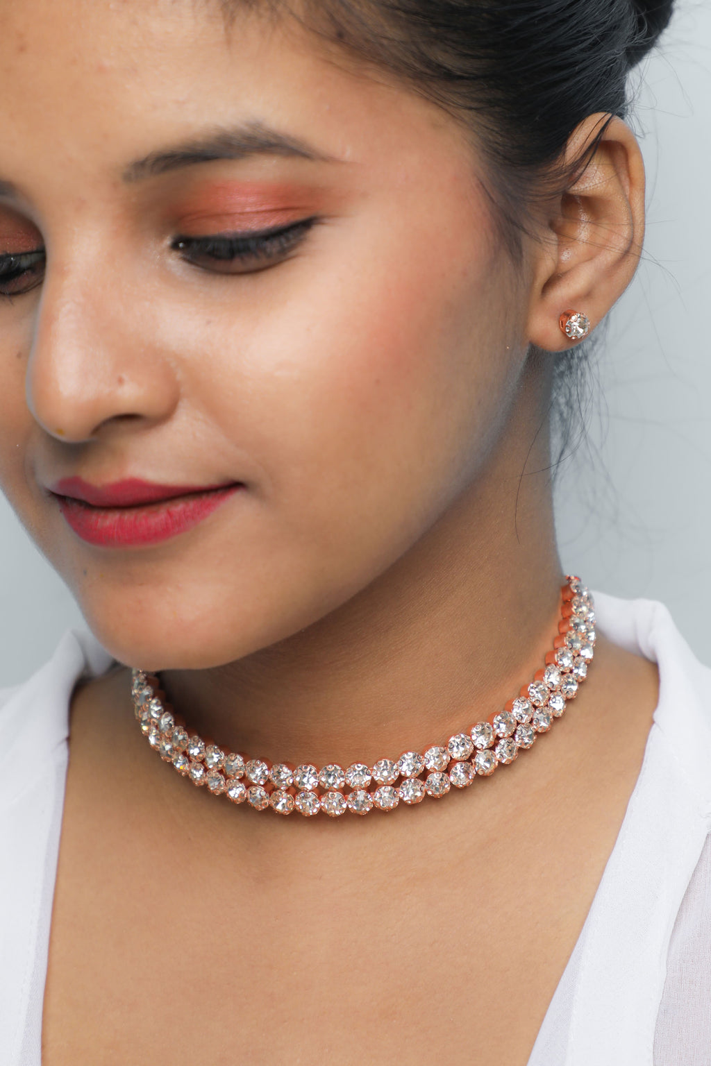 VOJ Gold-Polished Double Line Stone Studded Choker Jewellery Set