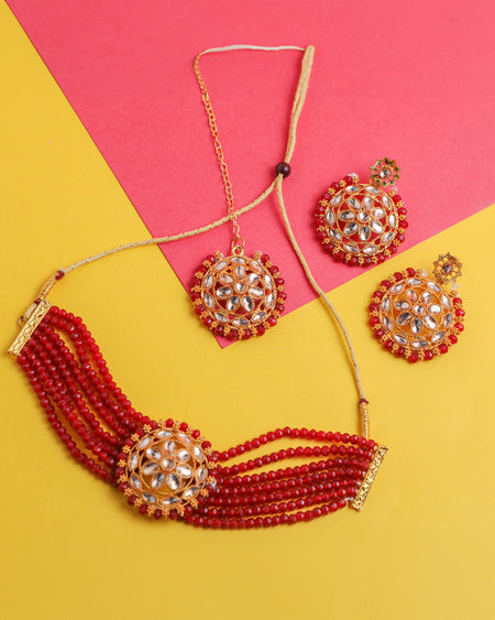 VOJ Gold-Polished Red Beads Kundan Choker Jewellery Set With Mang Tikka