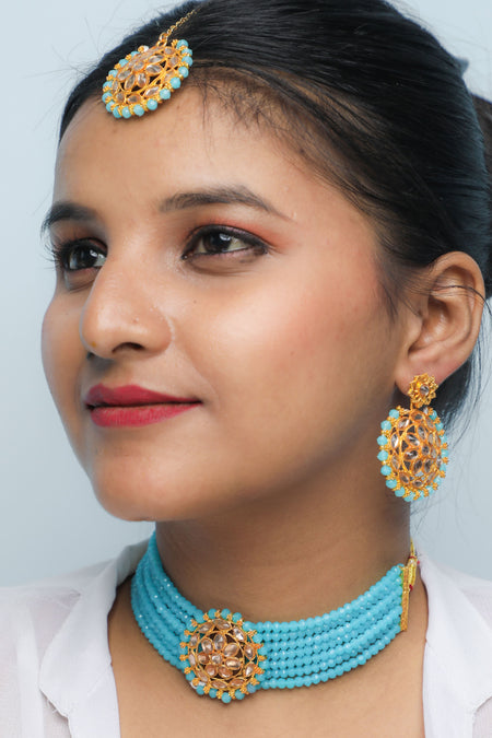VOJ Gold-Polished Blue Beads Kundan Choker Jewellery Set With Mang Tikka