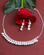 VOJ Silver Plated White Pearl Studded Choker Jewellery Set