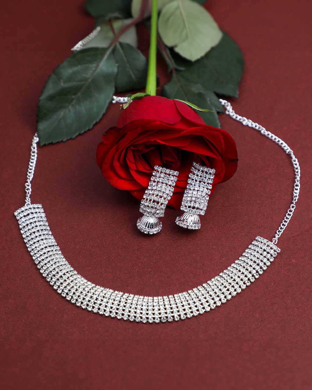 VOJ Silver Plated Stone Studded Choker Jewellery Set
