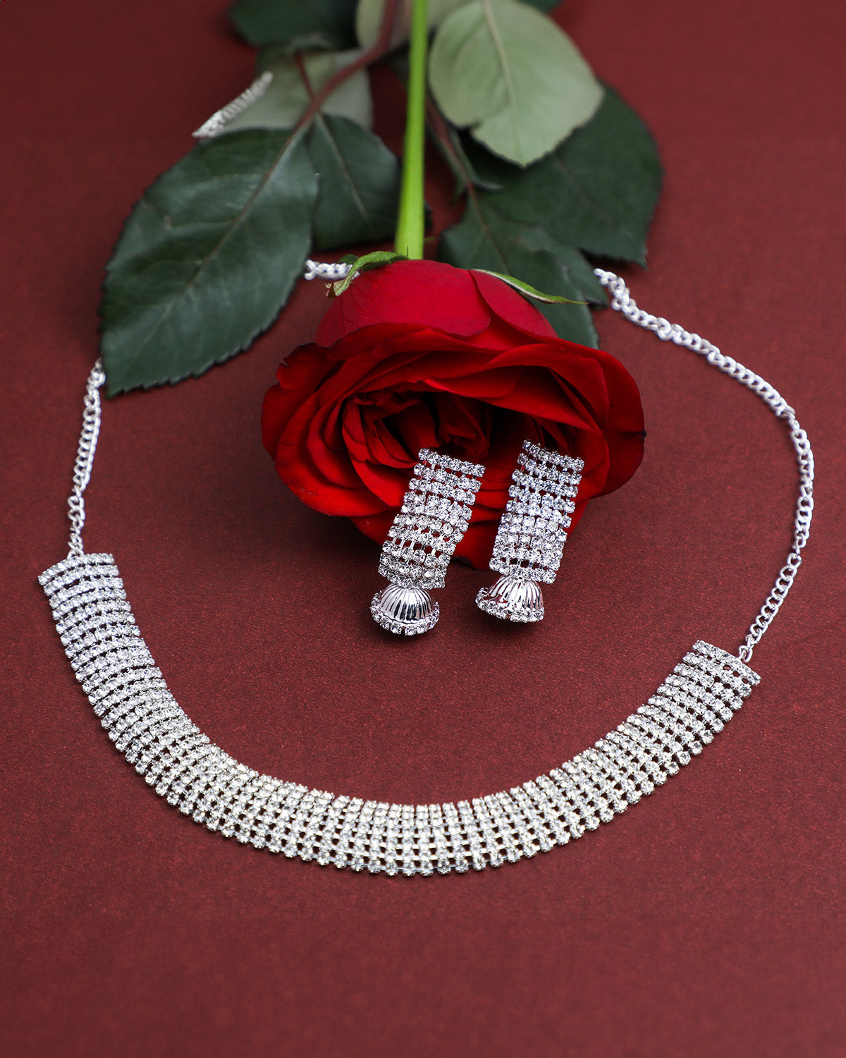 VOJ Silver Plated Stone Studded Choker Jewellery Set