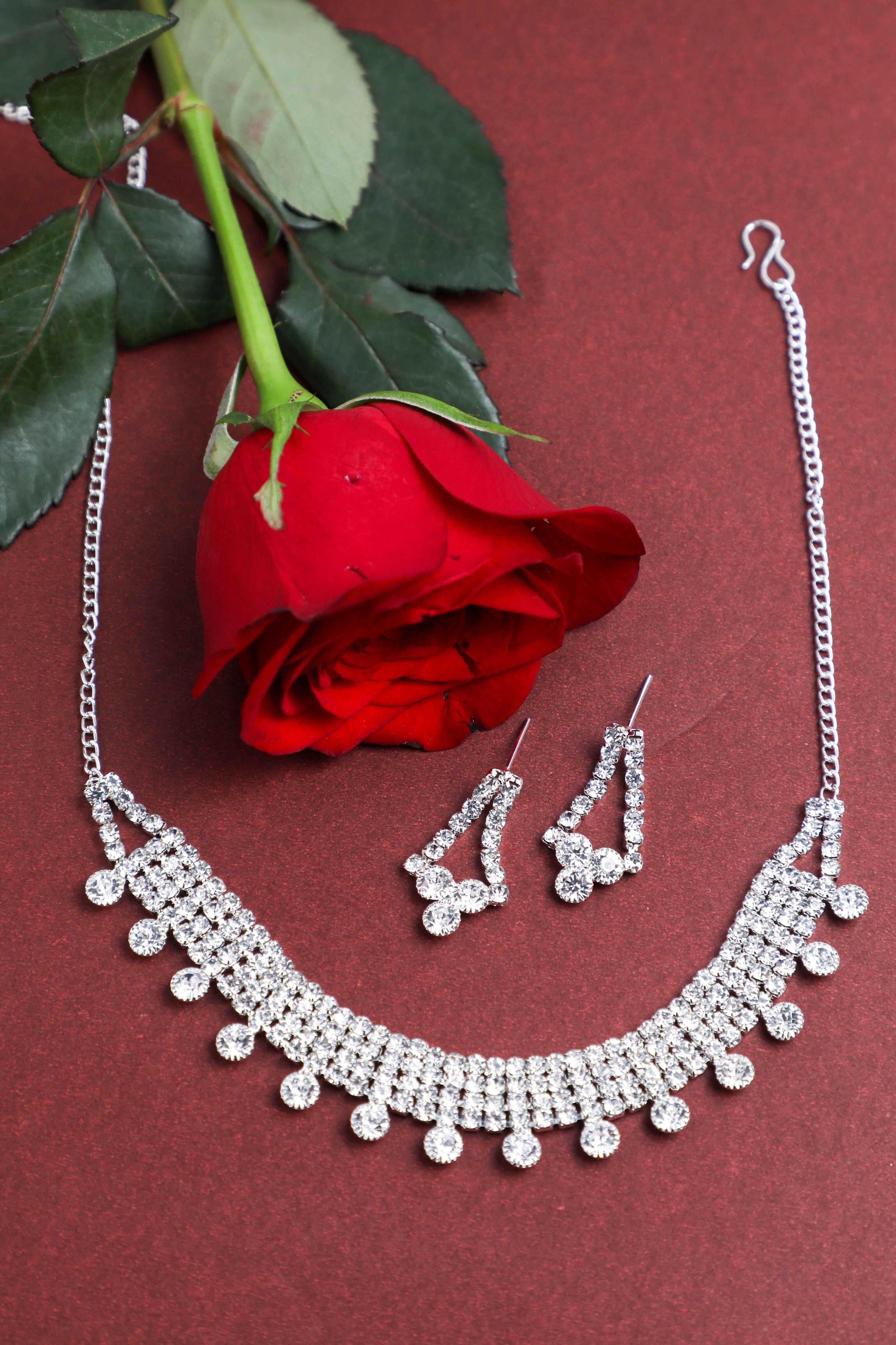 VOJ Silver Plated Stone Studded Choker Necklace And Earrings Set - Distacart