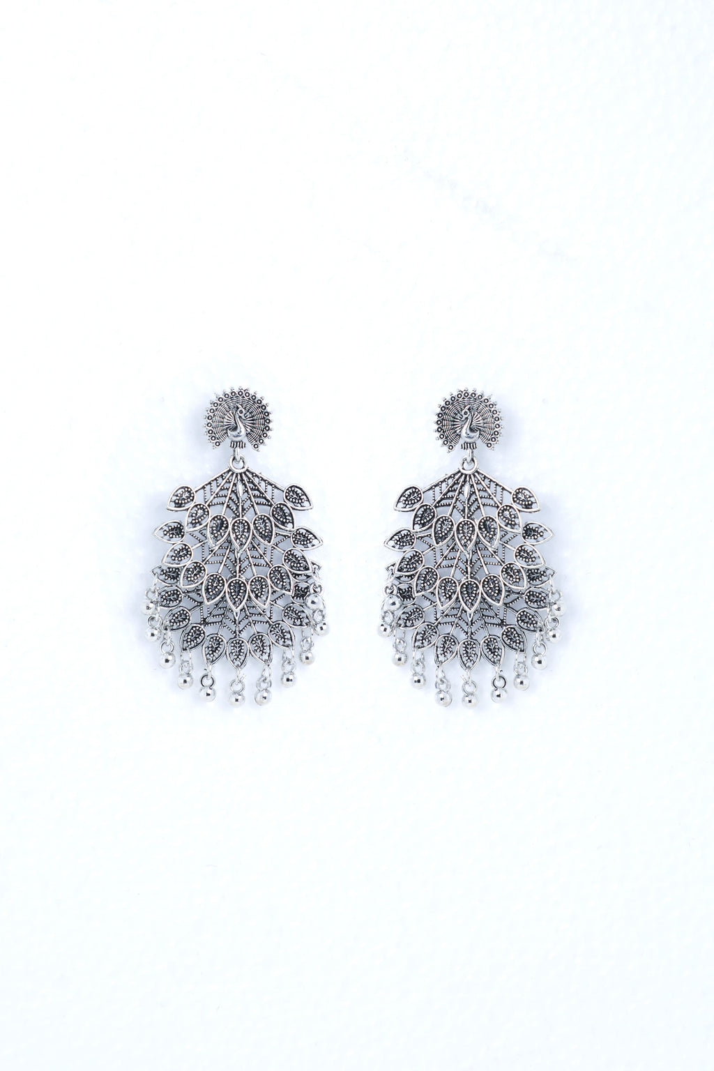 VOJ Silver Plated Oxidised Peacock Shaped Studded Earrings - Distacart
