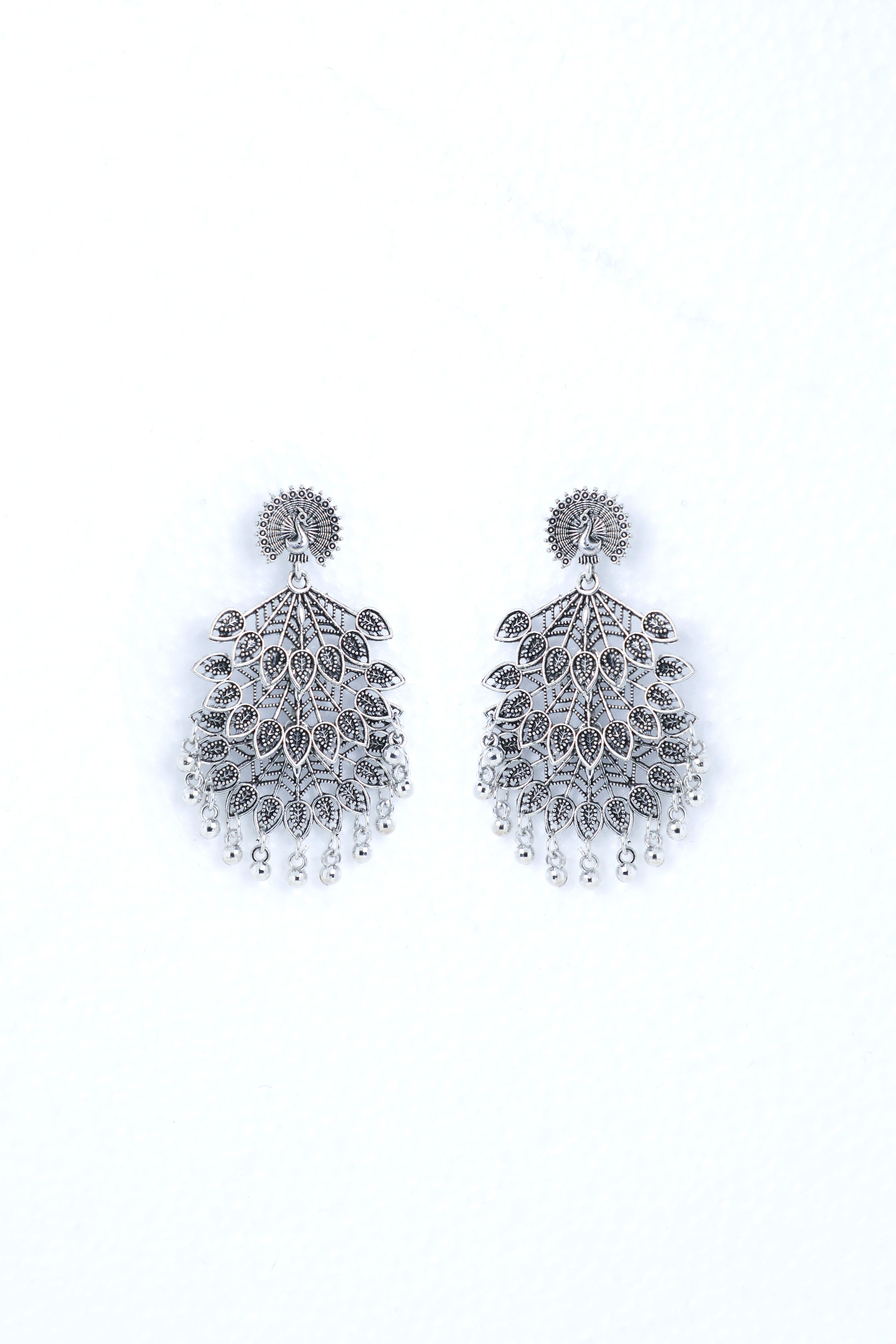 VOJ Silver Plated Oxidised Peacock Shaped Studded Earrings - Distacart