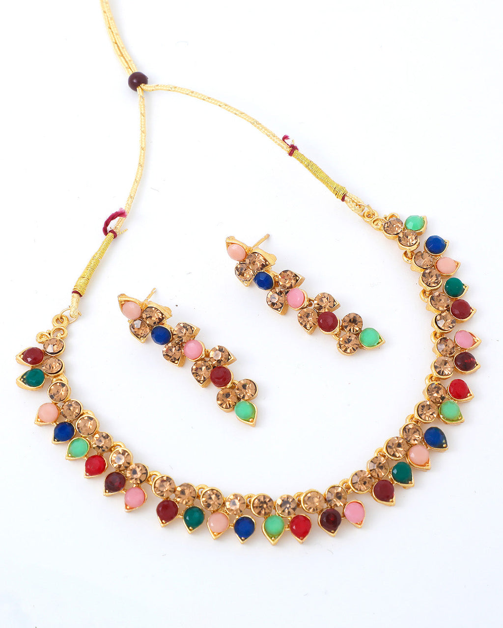VOJ Gold Plated Multi Colored Stone Studded Choker Necklace And Earring Set - Distacart