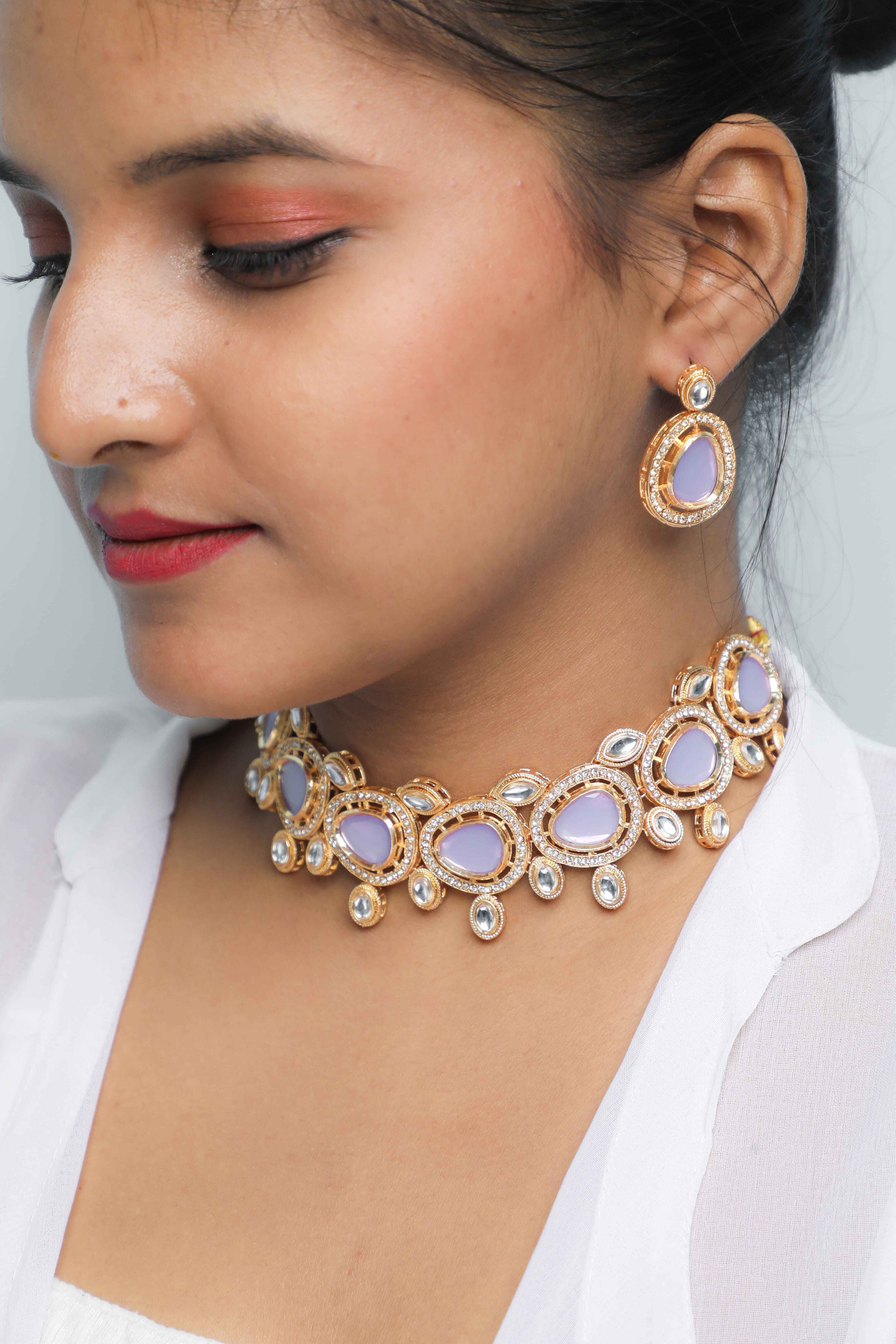 VOJ Gold-Polished Leavender Color Stone Kundan Studded Choker Jewellery Set