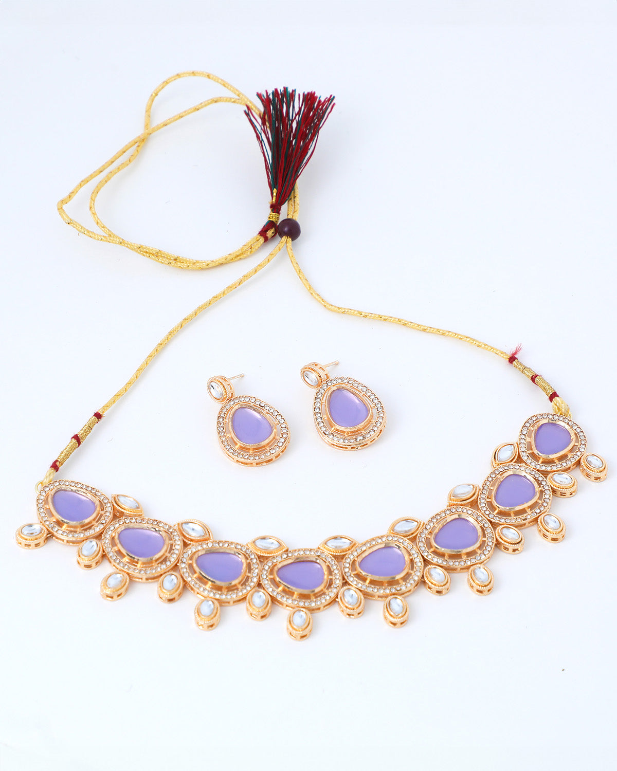 VOJ Gold-Polished Leavender Color Stone Kundan Studded Choker Jewellery Set