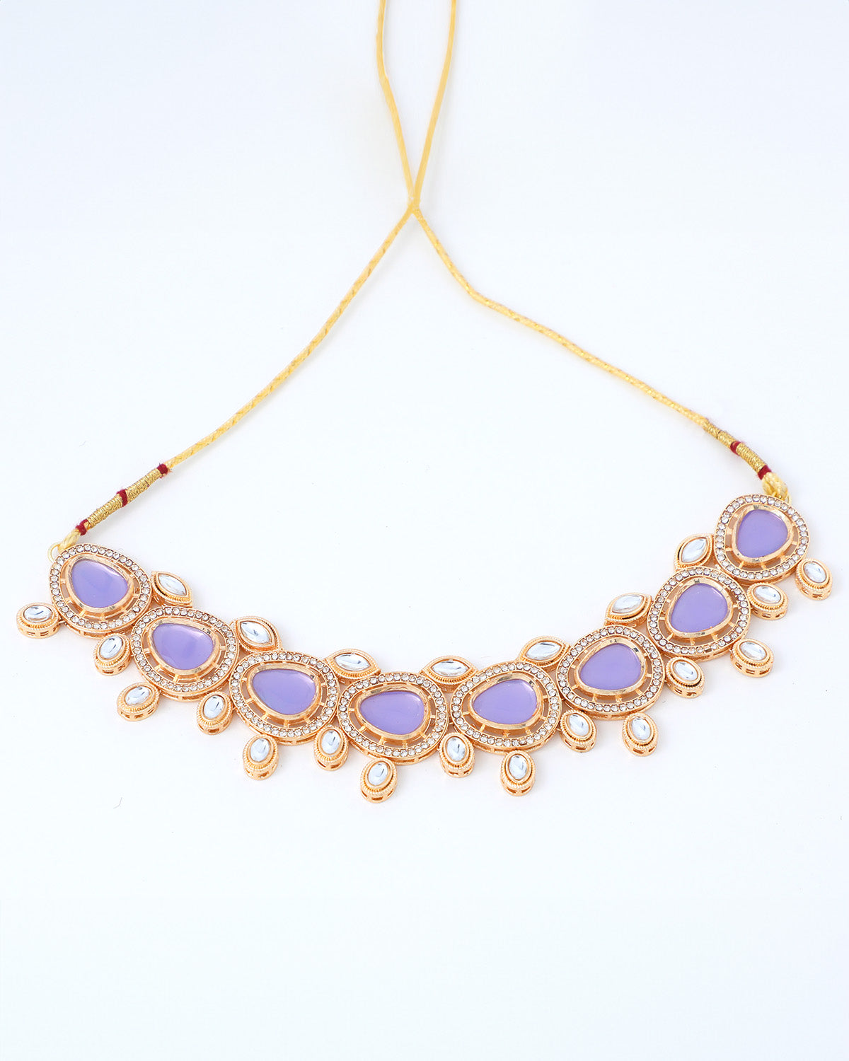 VOJ Gold-Polished Leavender Color Stone Kundan Studded Choker Jewellery Set