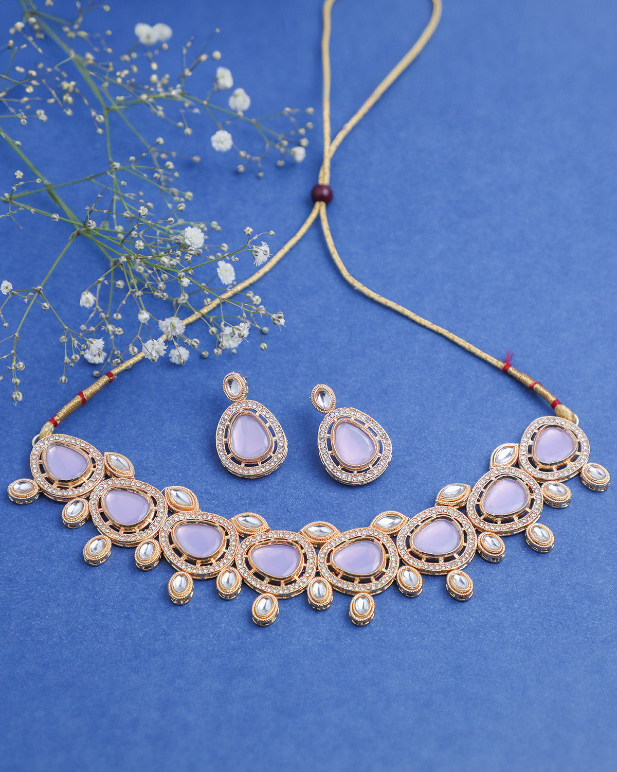 VOJ Gold-Polished Leavender Color Stone Kundan Studded Choker Jewellery Set