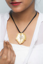 VOJ Leaf Shaped Gold Pandent With Black Necklace